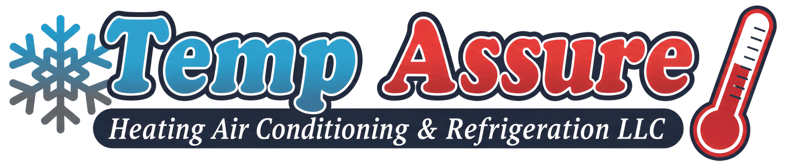 Logo for "Temp Assure Heating Air Conditioning & Refrigeration LLC," offering HVAC Services in Fairfield County, CT. Features a blue snowflake, red thermometer, and bold blue and red text.